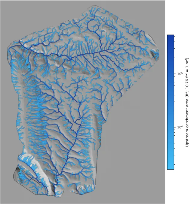 Hillshade of a golf course with thousands of blue surface flow paths; darker, wider lines carry more upstream area