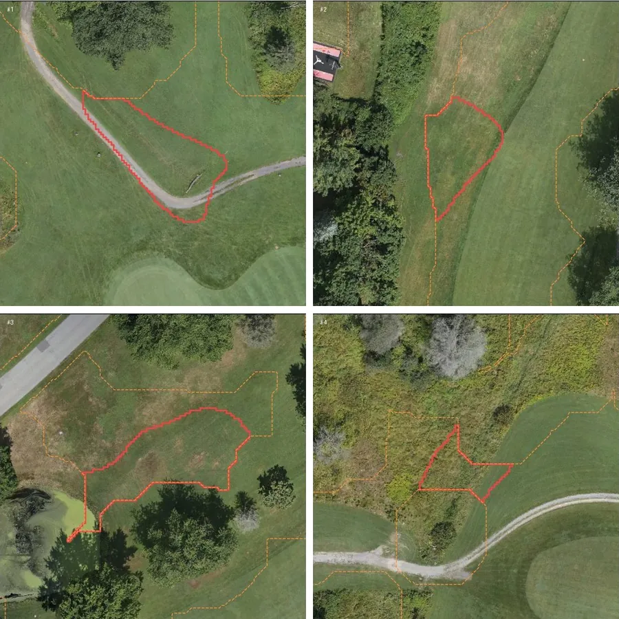Four aerial close-ups of turf, each with a red outline around a low spot where water ponds